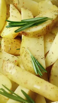 Vertical video. Cooking. Hand adding rosemary to potatoes wedges for baking