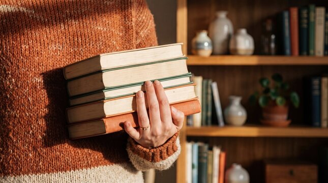 Woman holding a stack of hardcover books in warm sunlit home library
