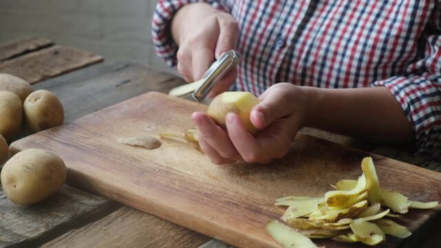 Woman peeling uncooked potato. 