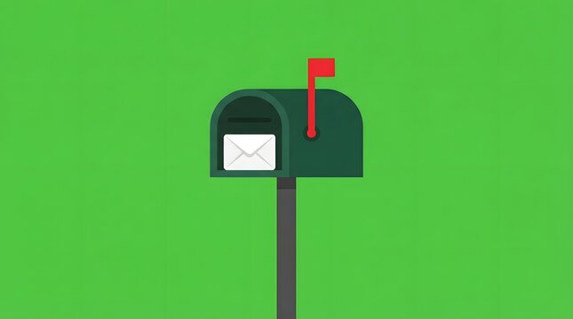 Green mailbox with a red flag raised and an envelope inside