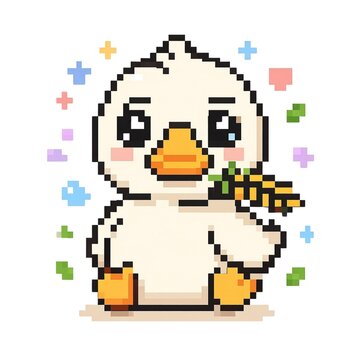 Cute Duck Pixel Art Character, Kawaii Retro 8 Bit Illustration