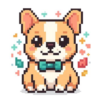 Cute Bulldog Pixel Art Character, Kawaii Retro 8 Bit Illustration