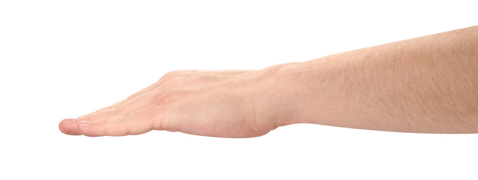 Male hand in flat straight position, isolated on transparent cutout background