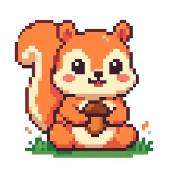 Cute Squirrel Pixel Art Character, Kawaii Retro 8 Bit Illustration