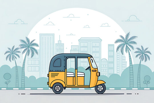 Flat vector illustration of an auto rickshaw on Indian street, minimal city background, modern design