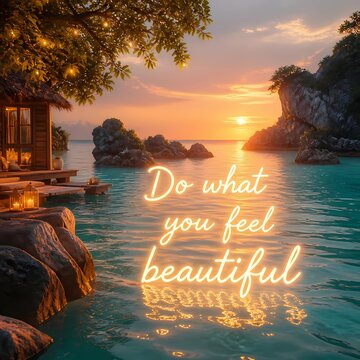 Glowing neon text Do what you feel beautiful in tropical sea water at sunset with cozy beach bungalow. Luxury resort and travel concept illustration for lifestyle, blogs, posters and social media.
