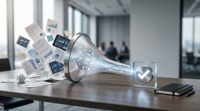 Strategic business concept showing how complex information can be transformed into a focused insight and confident management decision
