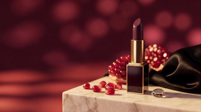 Elegant plum lipstick standing beside fresh pomegranate seeds upon a polished white marble display surface with scattered pomegranate arils positioned next scattered