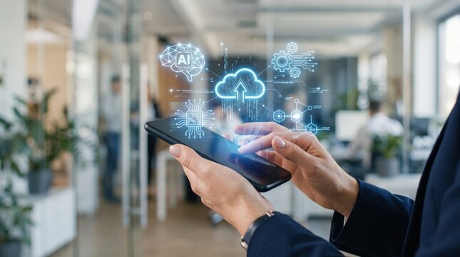 Business professional using smartphone with artificial intelligence and cloud computing hologram interface, digital technology innovation, futuristic network connection