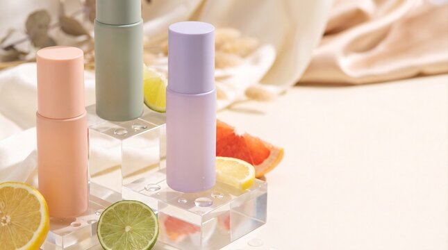 Pastel skincare bottles arranged atop transparent acrylic pedestals surrounded by refreshing citrus fruit slices with colorful cosmetic bottles