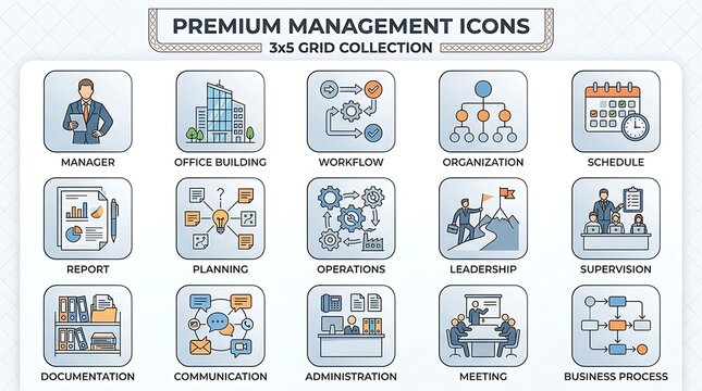 Premium flat style management icons set for business presentation
