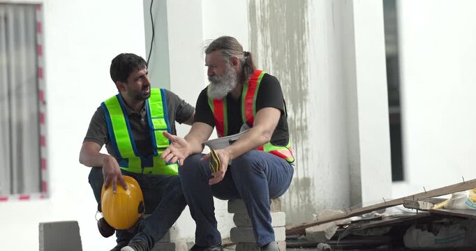  Exhausted construction workers with burnout resting tired and stressed at house building site