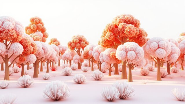 Pink landscape features stylized trees, bushes. Soft lighting creates dreamy, serene atmosphere. Minimalist design, pastel tones dominate scene.