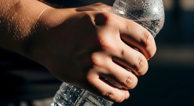 Close Up of a Hand Gripping a Water Bottle in Bright Sunlight Emphasizing Hydration and Refreshment During Outdoor Exercise