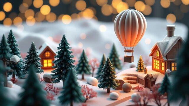 Winter village scene. Miniature houses, trees, glowing lights, hot air balloon. Peaceful, cozy atmosphere. Snow covers landscape.