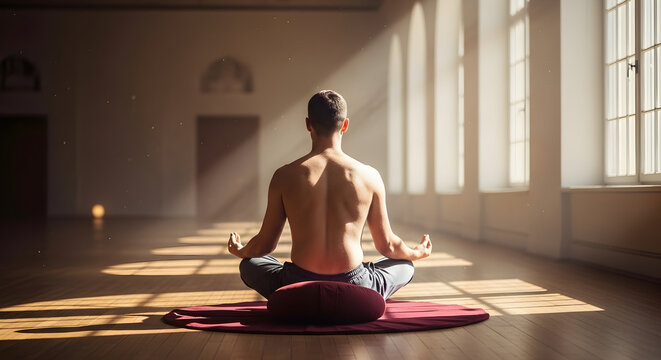 Man Practicing Meditation on Yoga Mat in Brightly Lit Room with Sunlight Streaming Through Windows for Inner Peace and Serenity