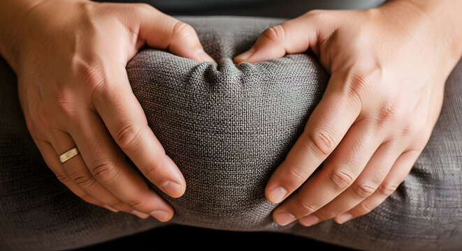 Individual Comforting Their Knee with Hands While Sitting in a Calm Environment Highlighting Strain and Restfulness