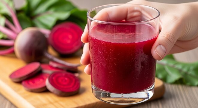 Refreshing beetroot juice served in glass with fresh beets and leaves on wooden cutting board. Beetroot juice offers vibrant color and healthy benefits for wellness.
