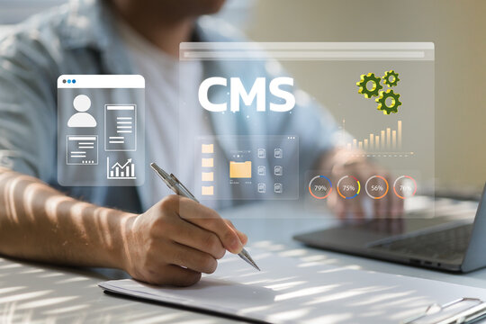 CMS : Content Management System Modern workspace with digital marketing analysis, online profile icons, and futuristic interface for content management system and website development