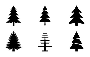 Fototapeta premium Set of 6 Black Pine Tree Icons, Evergreen Forest Symbols, Winter Nature Vector Graphics