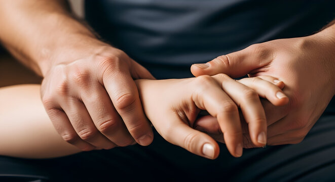 Close-Up of Two Hands Intertwined Symbolizing Connection and Comfort in an Intimate Moment of Trust and Support