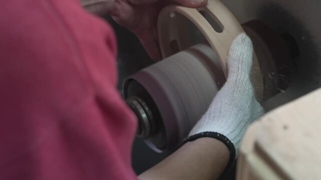 Worker sanding a wooden drum shell on a rotating polishing machine in a Japanese percussion instrument factory
