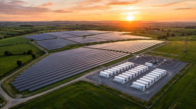 Solar power plant with battery energy storage system at sunset aerial view illustration, renewable green energy farm with solar panels and substation graphic, and eco technology landscape design. Stoc