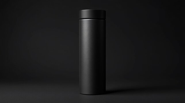 Sleek, matte black cylindrical bottle with a matching cap on dark backdrop
