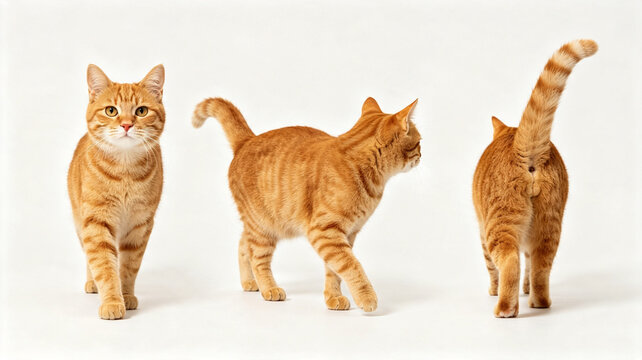 Orange Ginger Tabby Cat Walking Sequence &ndash; Front, Side, and Rear View on White Background