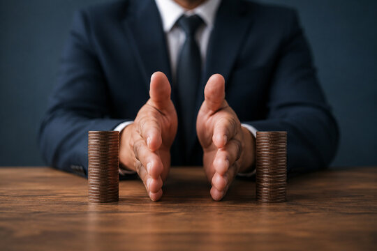Concept of saving and investing. Businessman separates stack coins. Property division. Divorce and legal services. 