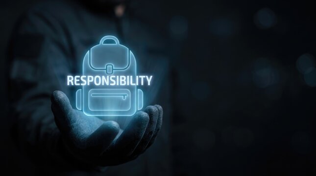 Person holding glowing digital backpack icon representing personal responsibility concept in dark environment