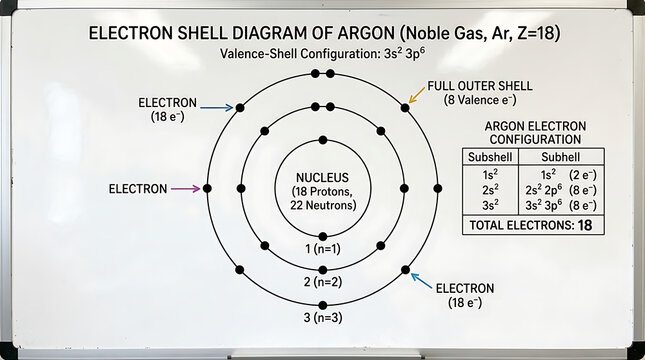Detailed Bohr Model Diagram of an Argon Atom's Electron Shell Configuration on a Whiteboard