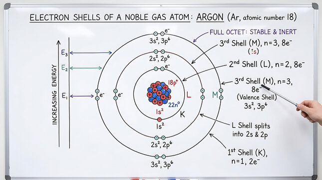 Detailed diagram illustrating the electron shells and orbitals of an Argon noble gas atom.