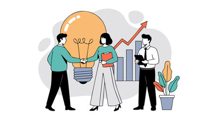 Fototapeta premium Modern Business Success Design Illustration Vector Showing Professionals Shaking Hands Before A Growing Graph With A Creative Lightbulb Idea