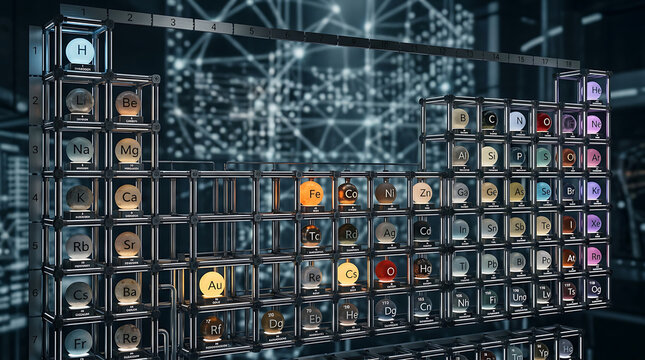 Luminescent Spheres Representing Elements Within a Metallic Periodic Table Structure with a Digital Network Background