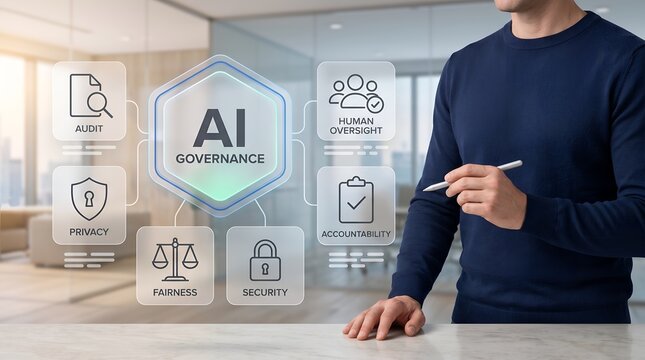 Strategic AI governance implementation showing executive planning digital ethics and accountability framework