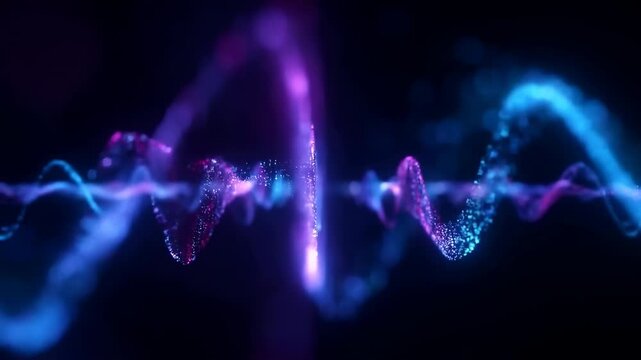Undulating luminous particle waveform with central vertical column, cyan and magenta rim glows, sparkling bead clusters, dark atmospheric background, futuristic digital energy flow