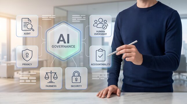 Artificial intelligence accountability and audit process showing manager using digital ethics framework interface