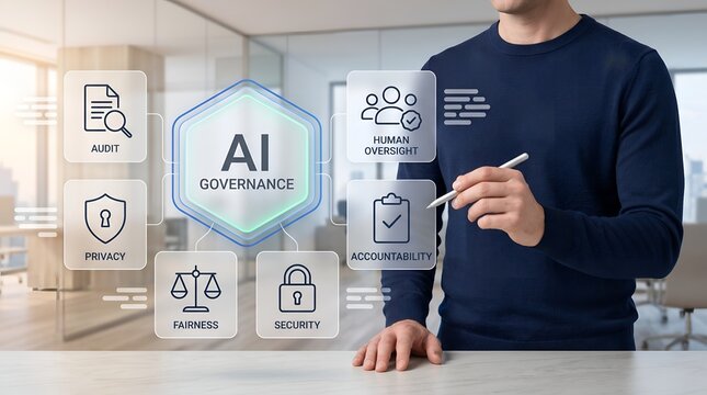 Enterprise AI regulatory compliance displaying professional interacting with digital governance flowchart