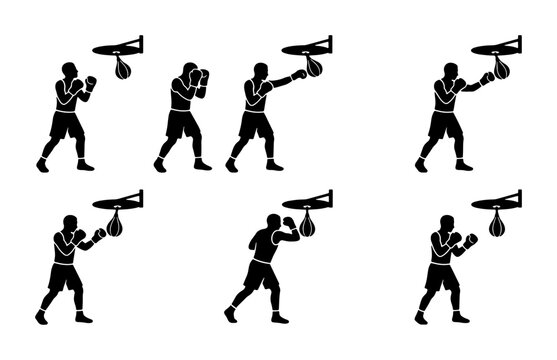 Boxing Silhouette Sequence, Punching Bag Workout, Athlete Training, Sport Action Icons