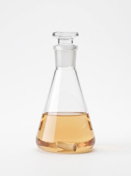 Glass Erlenmeyer flask with amber liquid and glass stopper, laboratory conical flask for scientific research, chemical glassware on white background