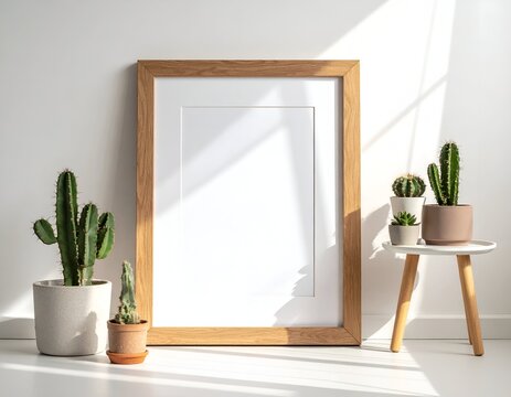 Empty picture frame against white wall with potted cacti and small table, natural light