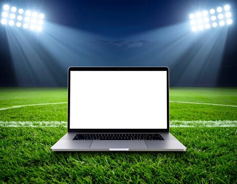 Laptop on a lush green soccer field under bright stadium lights at night