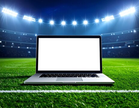 Laptop with blank screen set on vibrant green football field with stadium lights