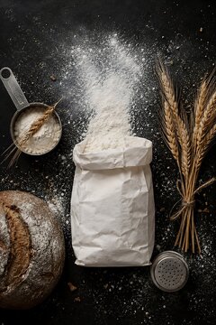 Dark moody food photography of flour sack measuring cup and baked bread on black textured table