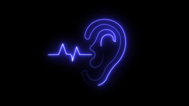 Red neon icon representing an ear with a sound wave, isolated on a dark background, symbolizing hearing, listening, and audio signals in a modern digital art style.