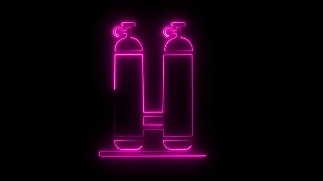 Neon green outline of two scuba diving tanks connected by a regulator, isolated on a black background, representing underwater exploration and breathing apparatus