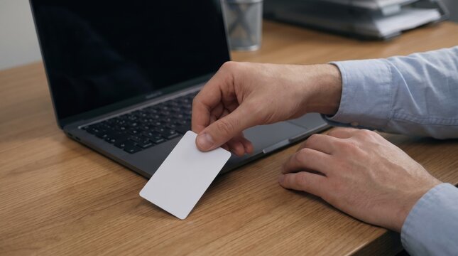 Tech Layoffs Impact concept. Person inserting a white card into a laptop on a wooden desk