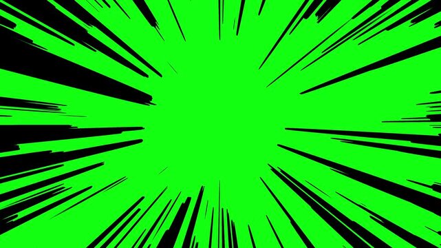 Black radial anime speedlines moving towards center on green background seamless loop