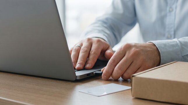 Tech Layoffs Impact concept. Person entering credit card details on laptop at desk with parcel box